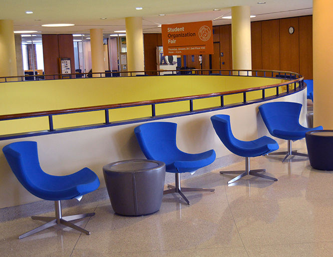 New furniture can be found throughout the second floor of the Kent State Student Center including colorful and comfy chairs, tables and couches, good for both relaxing and studying.