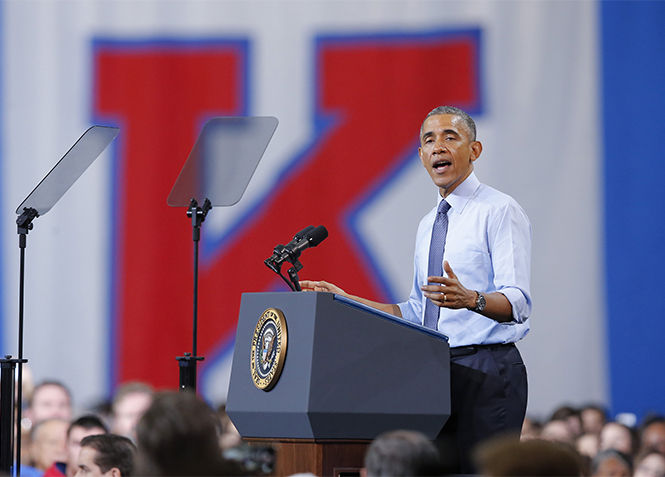 President Barack Obama speaks at Anschutz Sports Pavillion at the University of Kansas on Thursday, Jan. 22, 2015 in Lawrence, Kan. Obama was promoting his middle class economic agenda he outlined in his State of the State speech earlier this week. 