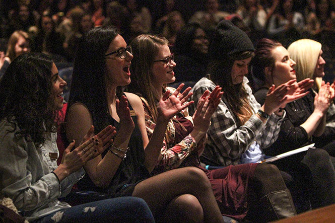 The audience claps and sings along to singer/speaker Johnathan Celestin in the Kiva on Feb. 25, 2015 during Nation Eating Disorders Awareness week. Celestin presented his Beauty Redefined: Be-You-Tiful campaign. The event was presented by Body Acceptance Movement and funded by Undergraduate Student Government.