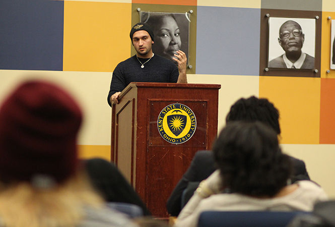 Hassan, a med student at NEOMED, speaks at the interfaith vigil on Wednesday, February 18, 2015.