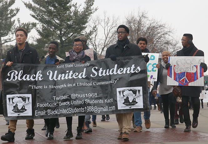 Students and members of Black United Students march from Black United Student’s home in Oscar Ritchie hall to the Student Center for a speech from civil rights leader and activist Julian Bond for the 13th annual Martin Luther King Jr. Celebration on Thursday, Jan. 22, 2015.