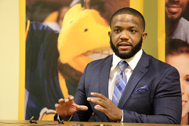 Maurice Clarett holds a press conference prior to his speech in the Kent State Ballroom on Tuesday, Feb. 24, 2015. The former Ohio State football player spoke about his troubled past, run-in with the law, and how students should avoid making his mistakes.