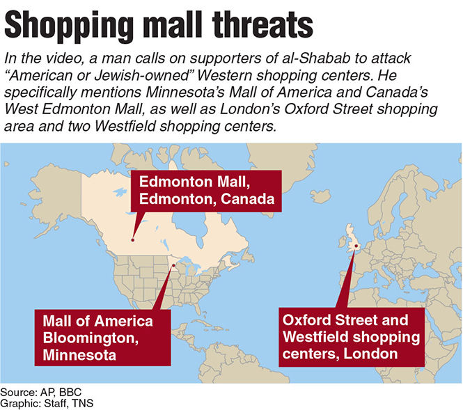Locator map of shopping malls under threat of al-Shabab attack.