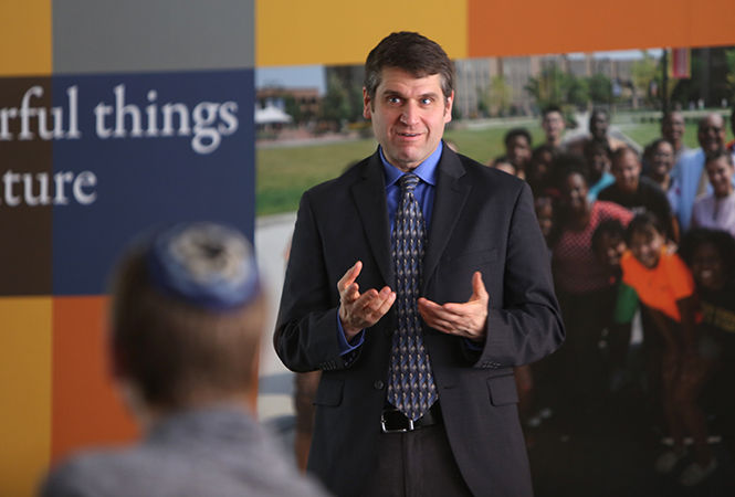 The Kent Stater Sean Martin speaks about the importance of Yiddish to an audience in the Kent State Student center on Feb. 16, 2015.