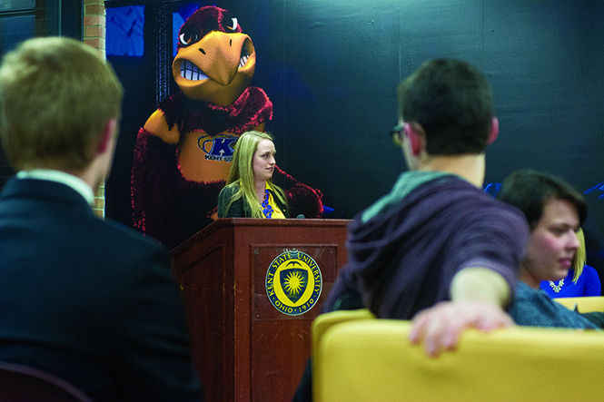 Sophomore Olivia Mullen discusses her position in running for Senator of the College of Arts and Sciences at the USG Public Forum in the Nest on Monday, March 2 2015.
