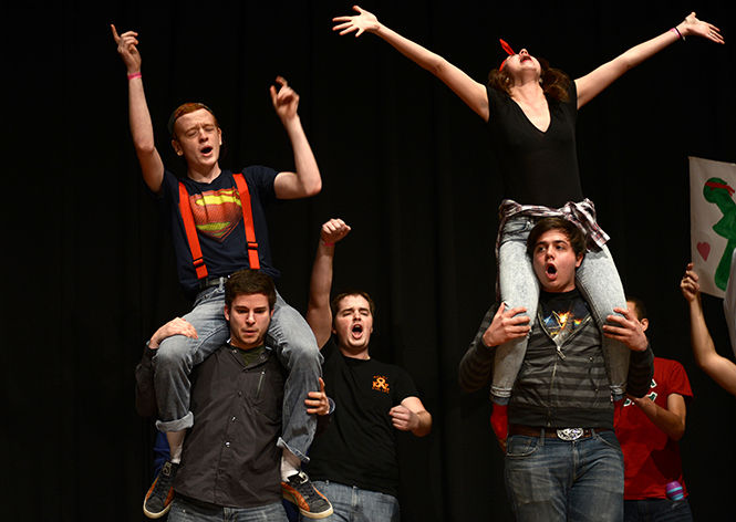 Members of the Kappa Epsilon fraternity perform in the Delta Zeta lip sync on March 1, 2014.