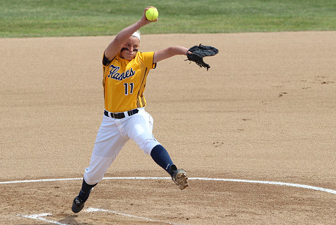 Kent State softball pitcher Emma Johnson pitching in the first game against Toledo in a double-header on April 18, 2014. The Flashes won 13-0 the first game and 1-0 the second game.