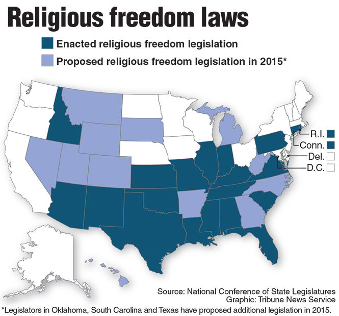 Map of religious freedom laws in the U.S. Tribune News Service 2015