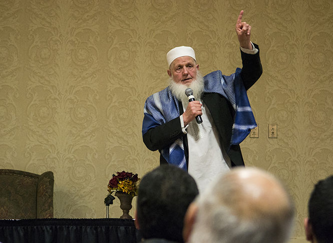 American Muslim preacher, Yusef Estes, talks to an audience about Islam at the University of Akron on Thursday March 12, 2015.