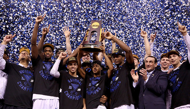  The Duke Blue Devils celebrate their 68-63 win over Wisconsin in the NCAA National Championship game on Monday, April 6, 2015, at Lucas Oil Stadium in Indianapolis.