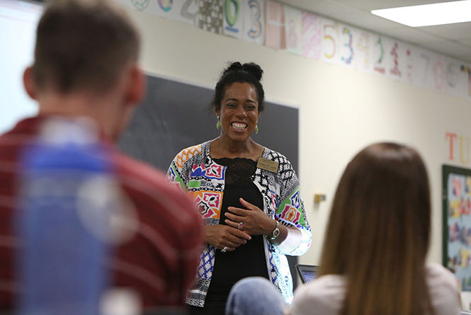 Pamela E. Jones, coordinator of the National Student Exchange Center, talks to students during an information session held by Trio about opportunities to study abroad on October 13, 2014.