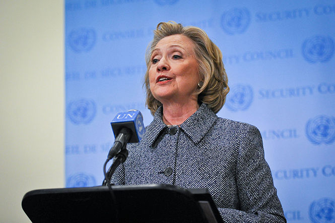 Former U.S. Secretary of State and 2016 Presidential Candidate Hillary Clinton addresses the press after attending the annual Women Empowerment Principles event at UN headquarters in New York on Tuesday, March 10, 2015. (Niu Xiaolei/Xinhua/Sipa USA/TNS)