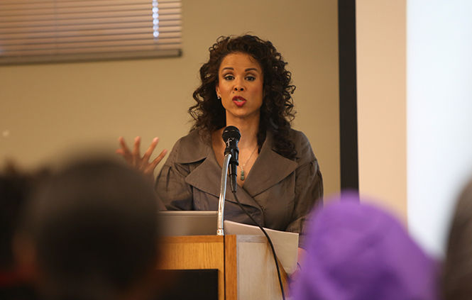 Sil Lai Abrams talks to a goup of students in Oscar Ritchie Hall about domestic violence and inaccurate portrayals of women in reality TV showson March 31, 2015.