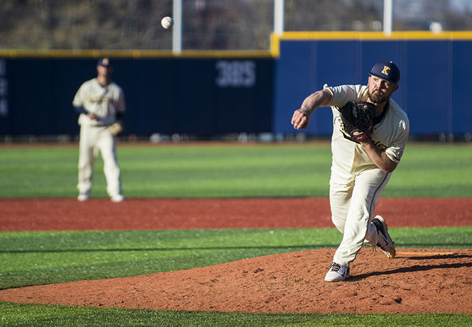 Senior Josh Pierce pitches the ball during a game against Ball State on Saturday, April 11, 2015.