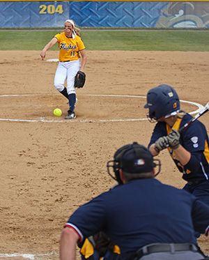 Kent State senior pitcher Emma Johnson pitches against Toledo in a double-header on April 18, 2014.