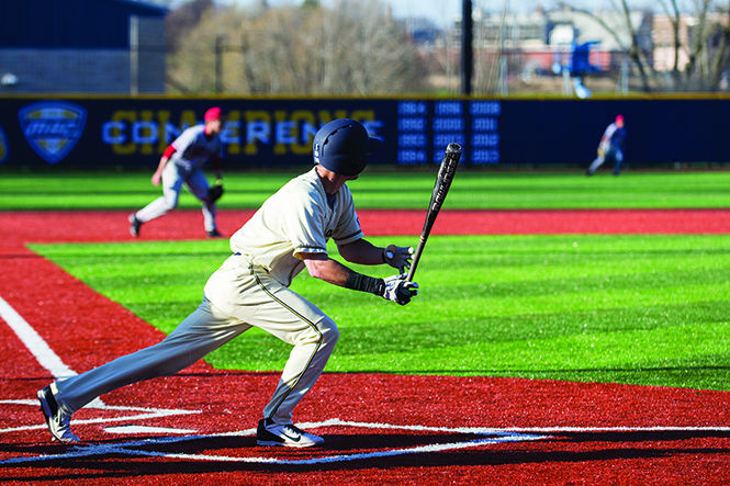 Freshman Luca Fuscardo at bat during the game against Ball State on Saturday April 11, 2015. Kent State lost to Ball State 4-2.