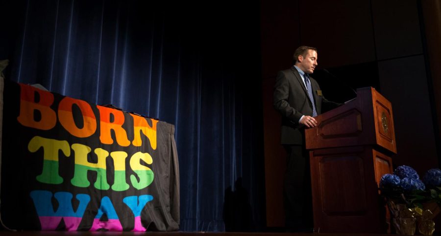 Ken Ditlevson, the director of the LGBTQ Student Center, speaks during the Lavender Graduation ceremony in the Kent State Student Center Ballroom on Friday, April 8, 2016. Lavender graduation is held to honor LGBTQ and Ally students who are graduating in 2016.