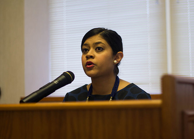 Beenish Ahmed, a journalist from the Pulitzer Center, speaks about reporting on untold stories from around the world in the Moutlon Hall ballroom on March 31, 2015. The event was hosted by the College of Communication Studies as part of the Global Communication Issues Forum.
