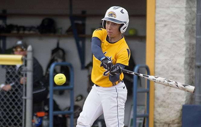 Senior outfielder Kim Kirkpatrick swings at a pitch during game 1 of Kent State’s double header against Cleveland State at the Diamond at Dix on Tuesday, April 14, 2015. Kirkpatrick homered to center field, scoring two runs of Kent’s 10-5 game 1 win.