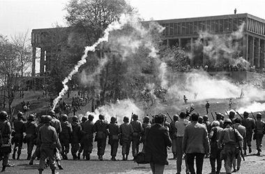 705/4-1 (34)... The National Guard fire tear gas to disperse the crowd of students gathered on the commons, May 4, 1970.