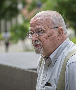Jerry M. Lewis, Kent Stater Professor Emeritus of Sociology, gives a tour of the May 4 walk on Sept. 15, 2014. Lewis was a professor on campus during the shooting on May 4, 1970.