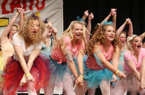 Members of Delta Zeta, Kappa Sigma and Phi Kappa Tau dance in a Candyland-themed number at Songfest in the Student Center Ballroom on Nov. 15, 2014.