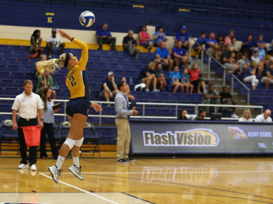 Freshman Sam Jones serves the ball to Indiana State during the Golden Flashes Classic on Friday, Sept. 4, 2015.