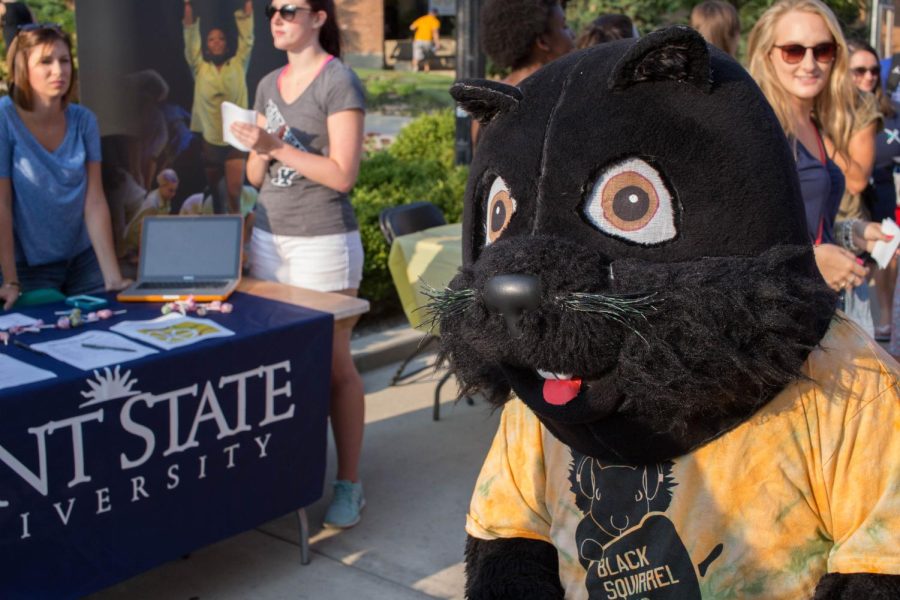 Sophomore Adrian Leuthauser promotes Black Squirrel Radio by dressing up as a black squirrel on Sunday, Aug. 30, 2015.