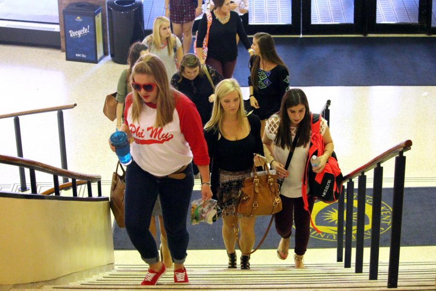 Members of one of Kent States sororities walk to the second floor of the Student Center for a recruitment event on Wednesday, Sept. 16, 2015. 