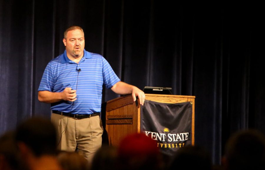Travis Apgar, Senior Dean of Students at Cornell University, speaks to Kent State greek life members about anti-hazing at the Student Center on Wednesday, Sept. 23, 2015.