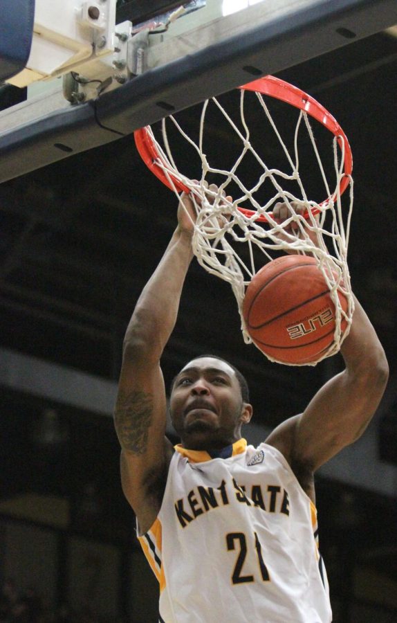 Forward/center Khaliq Spicer dunks the ball in a game against University at Buffalo on Saturday, Feb. 28, 2015. The Kent State Golden Flashes lost to the Buffalo Bulls 65-71.