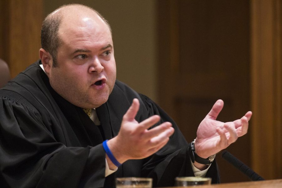 Associate Justice David Stras of the Minnesota Supreme Court speaks during an appeal hearing on the Byron Smith case at the Minnesota Judicial Branch building on Thursday, Sept. 3, 2015 in St. Paul, Minn. Defense attorneys for Byron Smith, who was convicted of killing two teenage intruders in his Little Falls home, filed an appeal with the Minnesota Supreme Court arguing that Smiths trial was riddled with mistakes from the original indictment, through the trial and right up to the prosecutors closing arguments. 