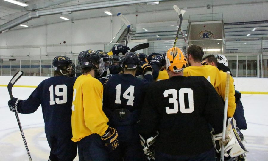 Kent State’s hockey team gathers for a group break down at the end of practice Wednesday, Oct. 28, 2015.
