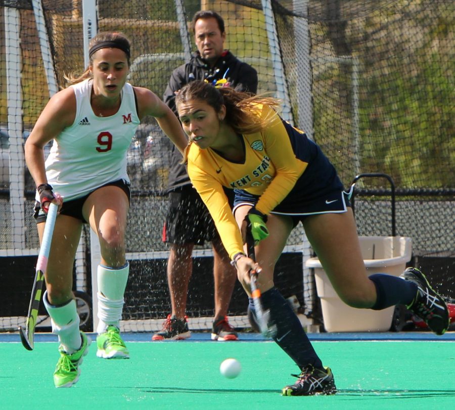 Freshman+Aileen+Ahlers+chases+down+the+ball+at+the+Oct.+16%2C+2015%2C+field+hockey+game+against+Miami+of+Ohio.