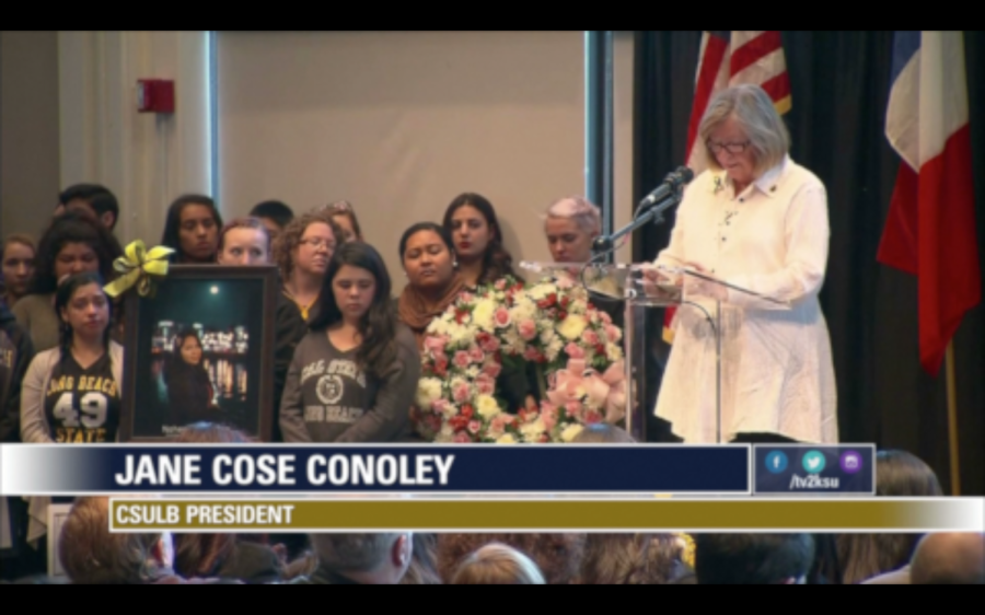 CSULB President Jane Cose Conoley speaks during vigil for Nomehi Gonzalez, killed Friday in Paris terrorist attacks