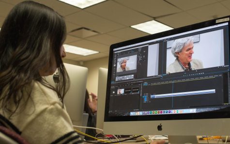 Subin Kim edits her interview with Richard Robyn in the Franklin Hall media lab on Nov. 3, 2015.