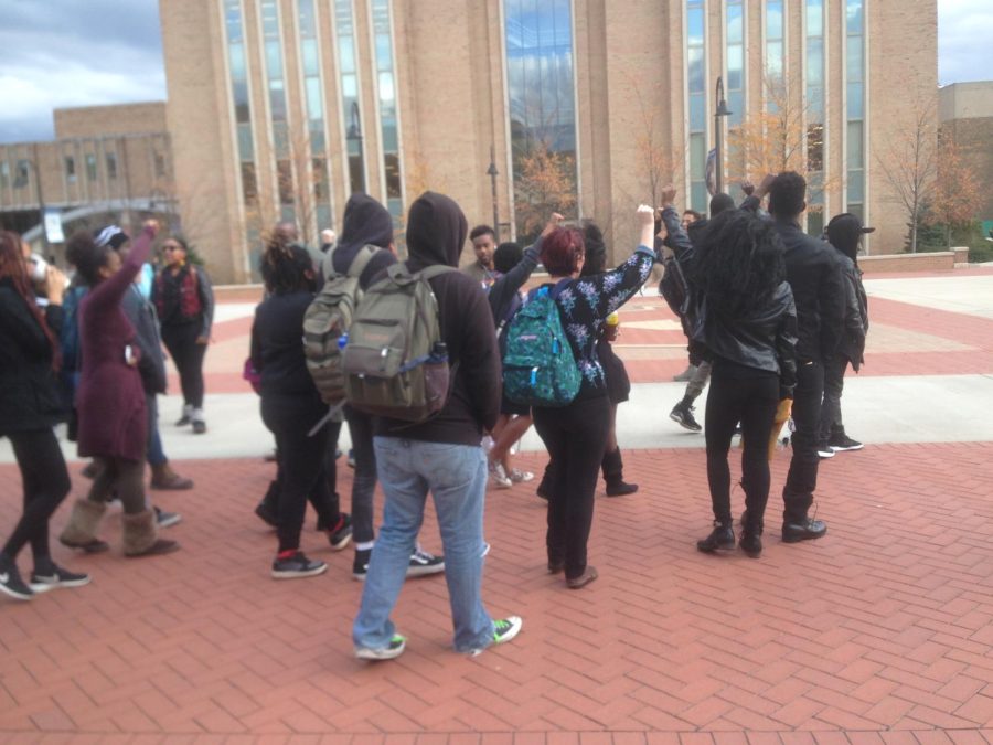 Students protest outside of the student center during the State of the University address on Nov. 19, 2015.
