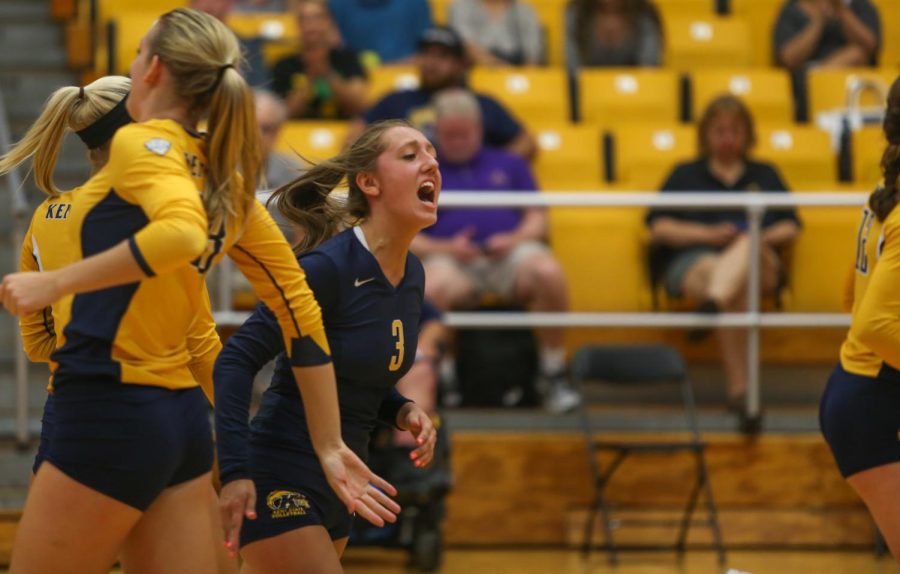 Sophomore Challen Geraghty screams after the Flashes score a point against Indiana State University on Friday, Sept. 4, 2015.