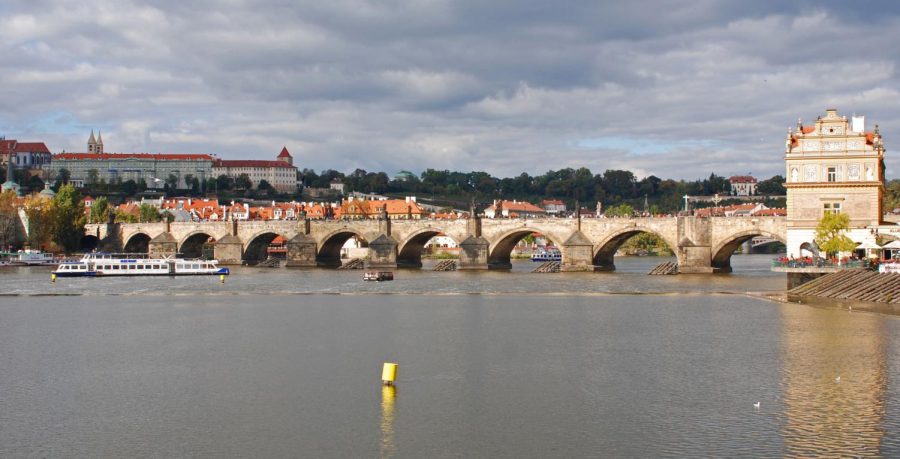 A view of the Charles Bridge from the Vltava River in Prague. 