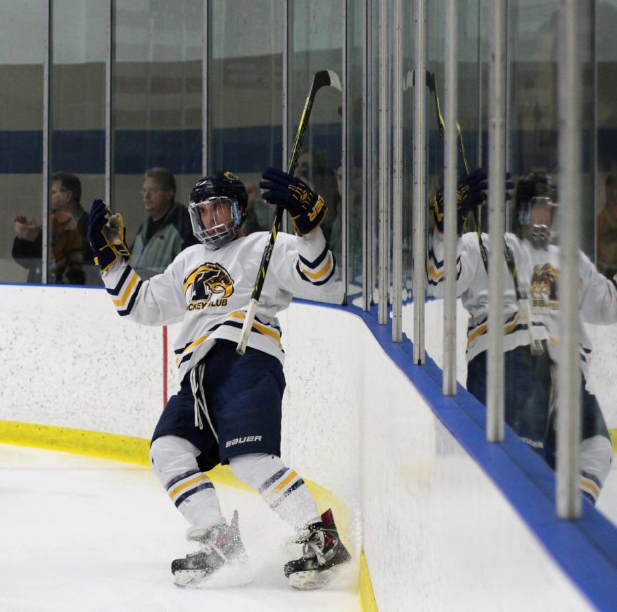 Kent State forward sophomore Jake Hainline celebrates after he scores a goal against Oswego State on Friday, Jan. 29, 2016.