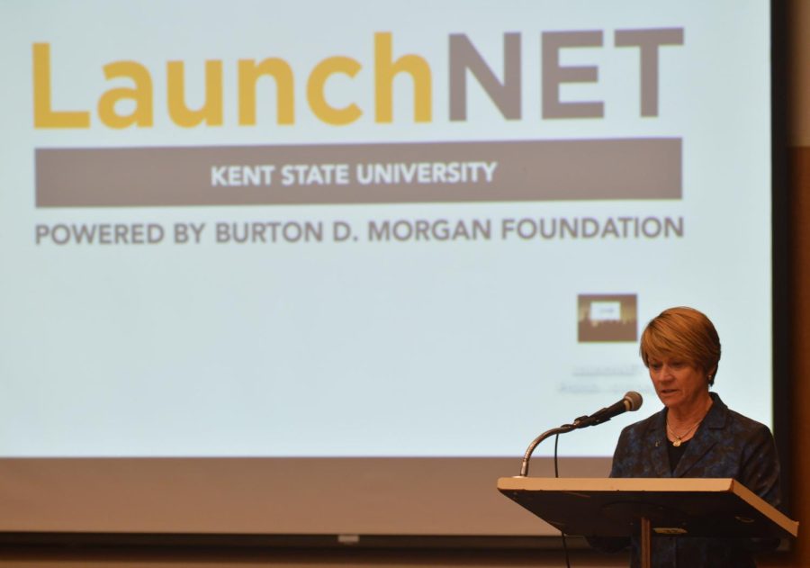 President Beverly Warren speaks about the reopening of LaunchNET at Kent State on Thursday, Jan. 28, 2016 in the Student Center.