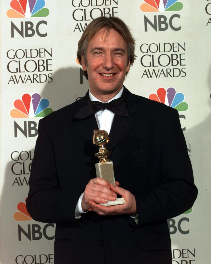 Alan Rickman holds the Golden Globe for best television mini-series on Jan. 19, 1997 in Beverly Hills, California. Rickman died on Jan. 14, 2016. He was 69.