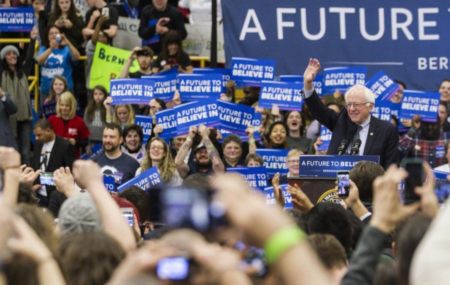 U.S. Senator and Democratic presidential hopeful Bernie Sanders greets supporters before his speech at Baldwin Wallace University on Thursday, Feb. 25, 2016.