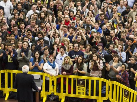 Supporters respond to Democratic presidential candidate Bernie Sanders’ speech at Baldwin Wallace University on Thursday, Feb. 25, 2016.