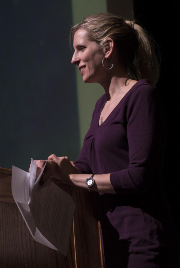 Leslie Goldman, a women’s health writer and body image expert, speaks to a crowd in the KIVA on Monday, February 22, 2016. Goldman came to Kent State with help from Kent State’s Body Acceptance Movement for National Eating Disorder Awareness Week.