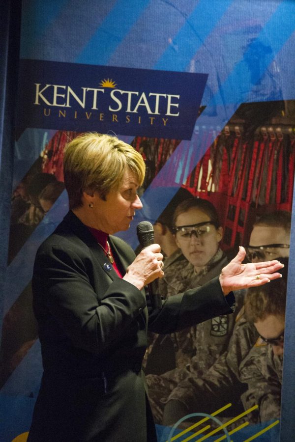 President Beverly Warren address questions at the Town Hall meeting on Monday, Feb. 22, 2016 in the Student Center Ballroom Balcony.