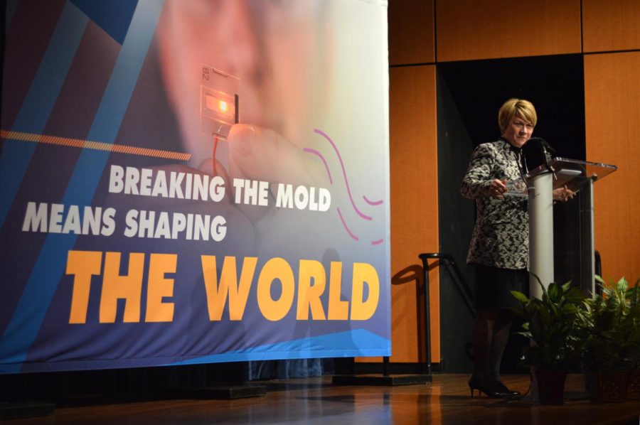 President Beverly Warren speaks to a large crowd at the university rebranding event in the Kent Student Center Ballroom on Monday, Feb. 1, 2015. The event unveiled Kent State’s new brand “Undeniably Kent State”.