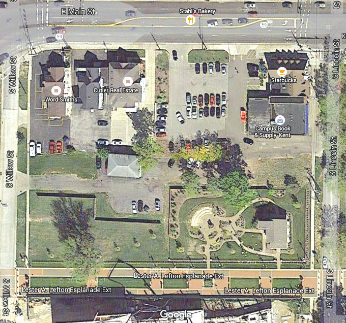 This Google map shows the property Kent State owns between Main Street, South Lincoln Street, South Willow Street and the Lester A. Lefton Esplanade. It does not include the businesses off of Main Street.