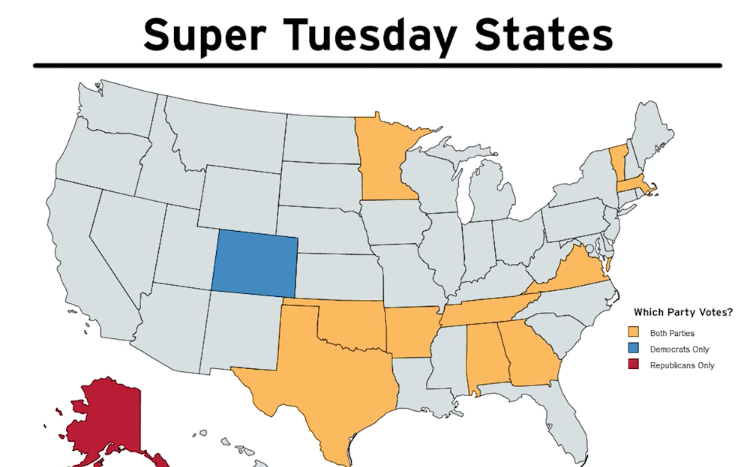 Twelve states held primaries and caucuses for Super Tuesday. 