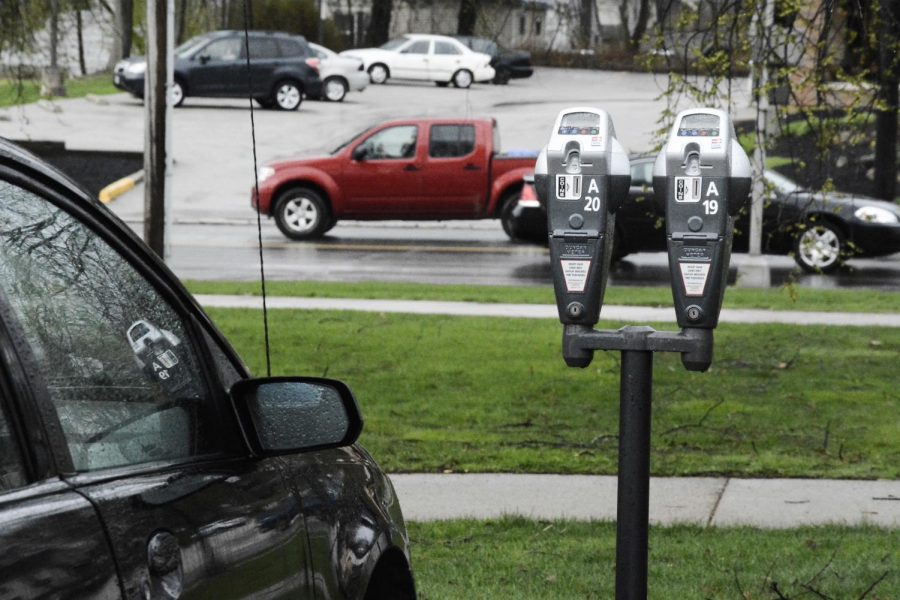Parking meters outside of Rockwell Hall on April 28, 2014.